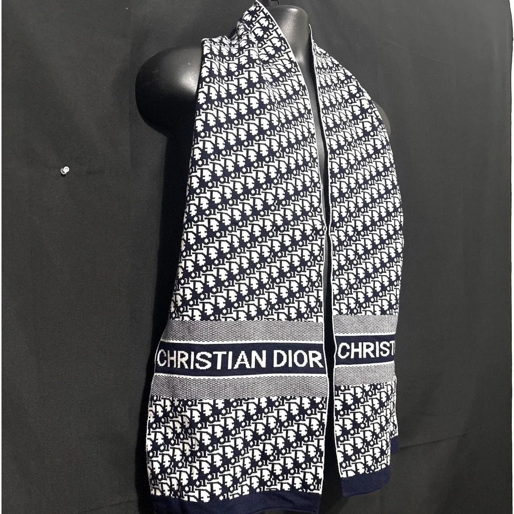 Christian Dior Scarf OS Navy Blue Luxury Oblique Monogram Logo Knit Designer